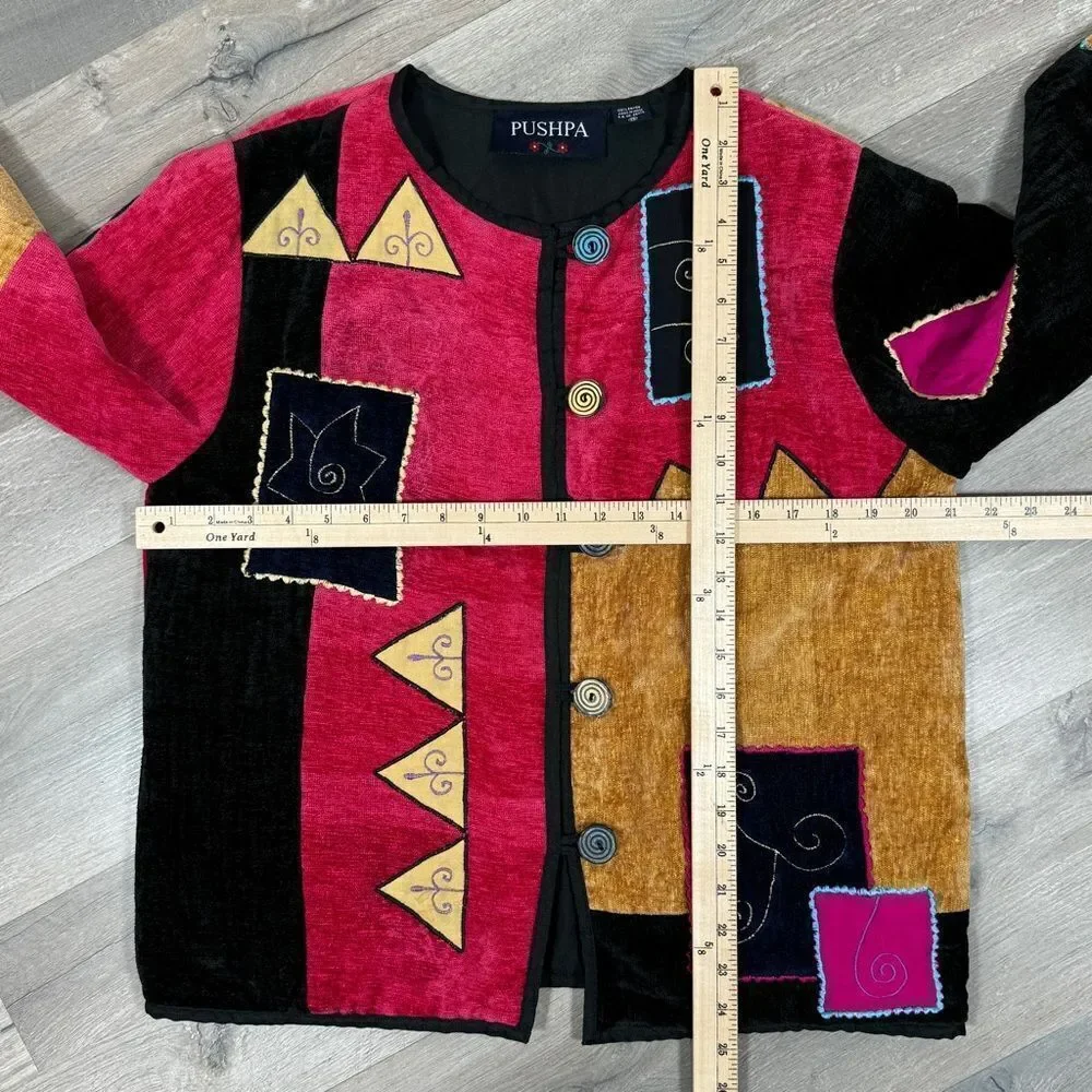 Vintage Pushpa‎ Jacket Women Medium Velour Patchwork Tapestry Embroidered 90s